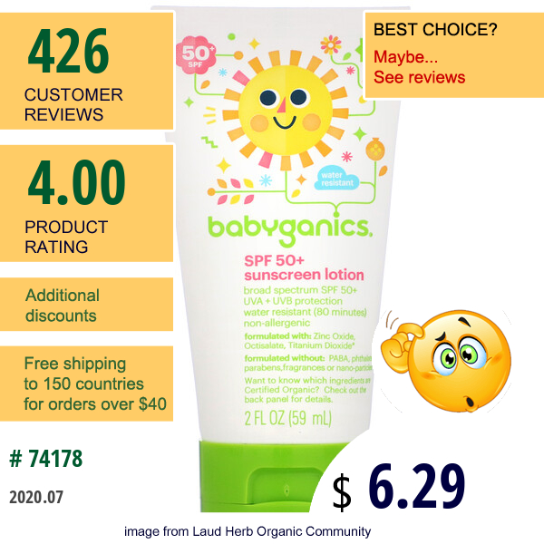 Babyganics, Sunscreen Lotion, Spf 50+, 2 Fl Oz (59 Ml)