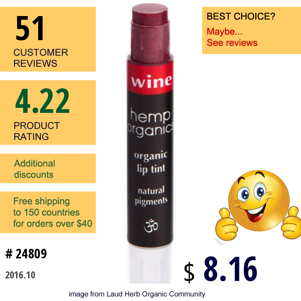 Colorganics Inc., Hemp Organics, Organic Lip Tint, Wine, .09 Oz (2.5 G)