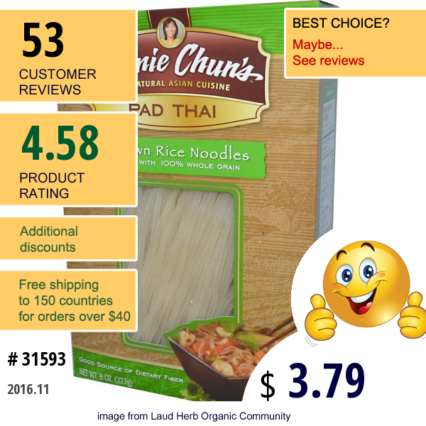 Annie Chuns, Pad Thai, Brown Rice Noodles, 8 Oz (227 G)
