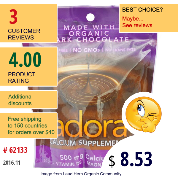 Adora, Calcium Supplement, Organic Dark Chocolate, 30 Disks