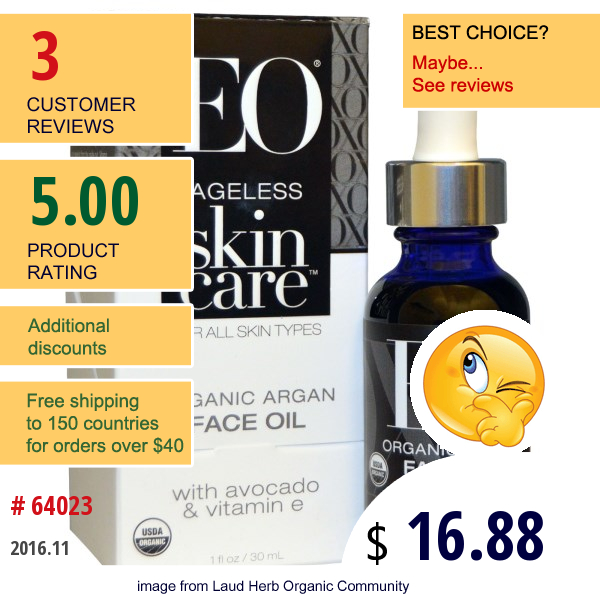 Eo Products, Ageless Skin Care, Organic Argan Face Oil, 1 Fl Oz (30 Ml)