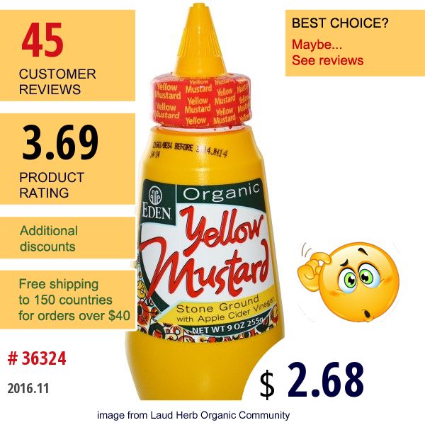 Eden Foods, Organic Yellow Mustard, 9 Oz (255 G)  