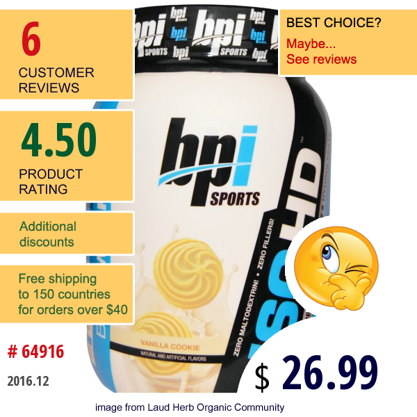 Bpi Sports, Iso Hd, 100% Whey Protein Isolate & Hydrolysate, Vanilla Cookie, 1.6 Lbs (720 G)