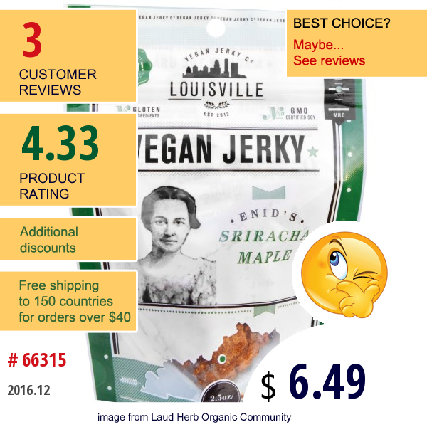 Louisville Vegan Jerky Co, Enids Sriracha Maple,  2.5 Oz (70.87 G)