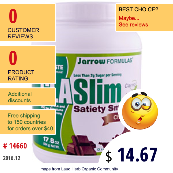 Jarrow Formulas, Cla Slim Satiety Smoothie, Chocolate, 17.8 Oz (504 G) Jarrow Formulas, Cla Slim Satiety Smoothie, Chocolate, 17.8 Oz (504 G)