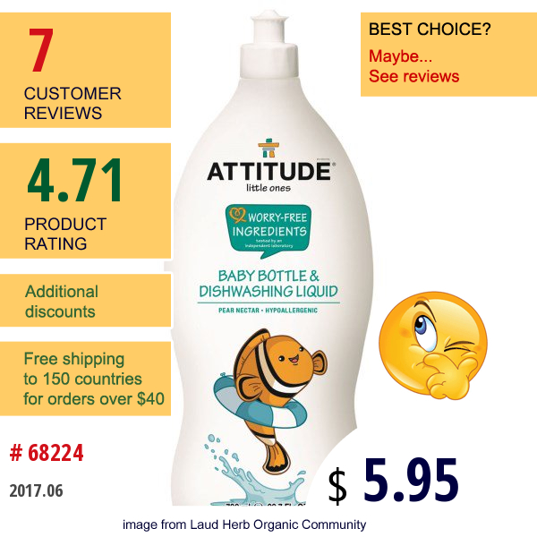 Attitude, Little Ones, Baby Bottle & Dishwashing Liquid, Pear Nectar, 23.7 Fl Oz (700 Ml)