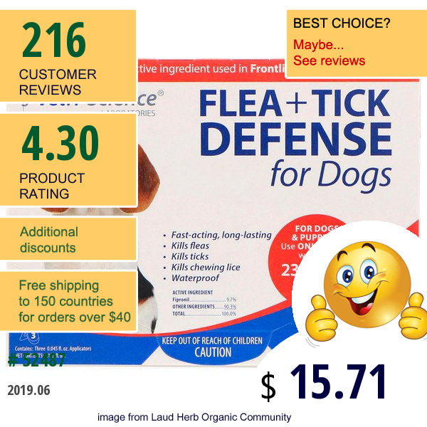 Vetri-Science, Flea + Tick Defense For Dogs 23-44 Lbs., 3 Applicators, 0.045 Fl Oz Each