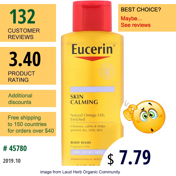 Eucerin, Skin Calming Body Wash, For Dry, Itchy Skin, Fragrance Free, 8.4 Fl Oz (250 Ml)