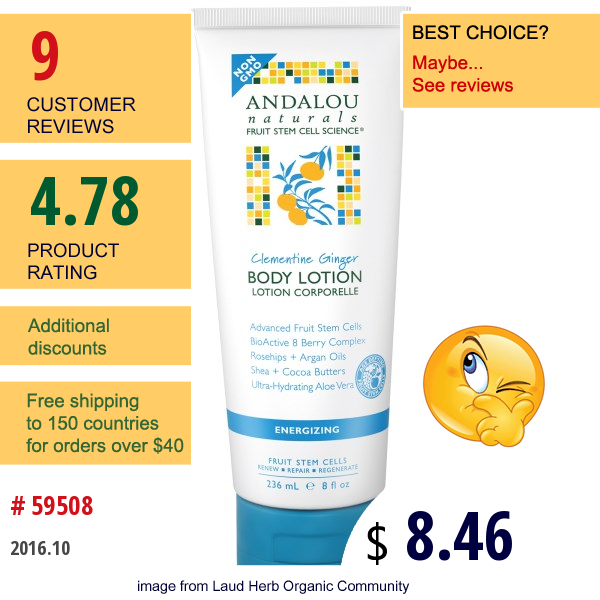 Andalou Naturals, Body Lotion, Clementine Ginger, Energizing, 8 Fl Oz (236 Ml)