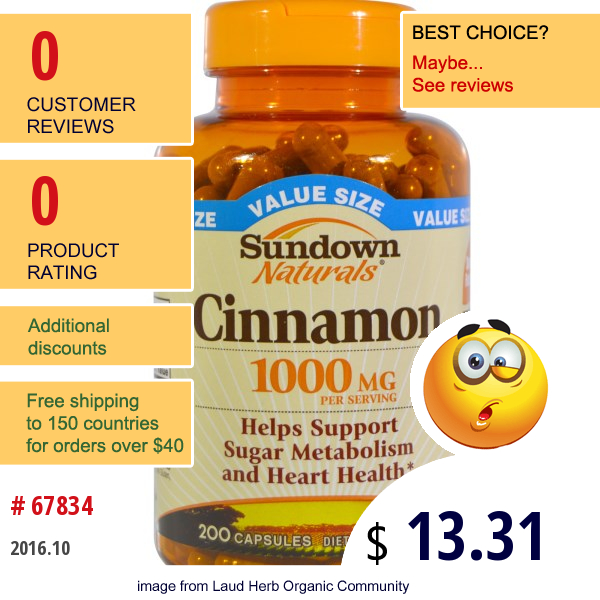 Rexall Sundown Naturals, Cinnamon, 1000 Mg, 200 Capsules