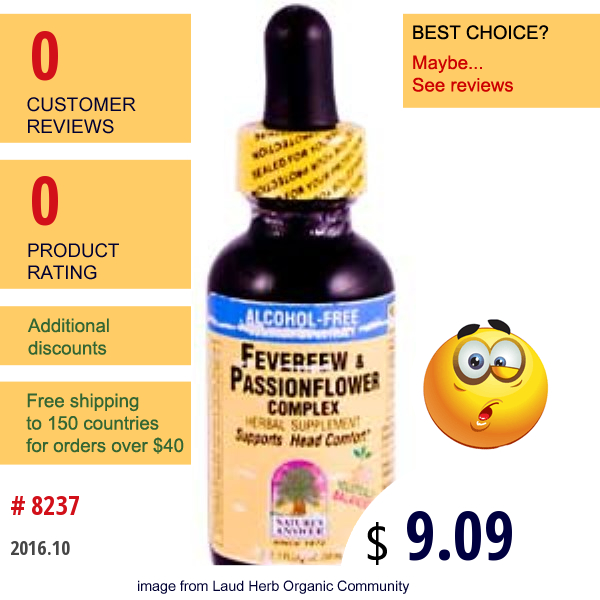 Natures Answer, Feverfew & Passionflower Complex, Alcohol-Free, 1 Fl Oz (30 Ml)  