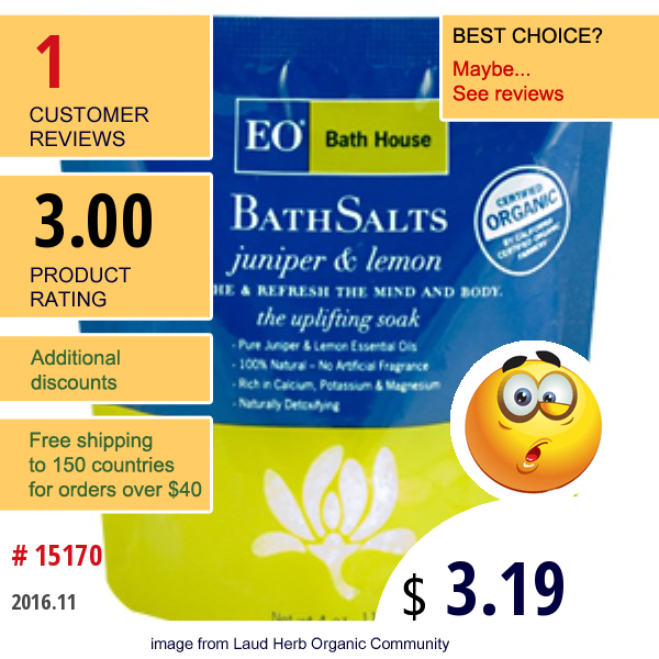 Eo Products, Bath Salts, Juniper & Lemon, 4 Oz (110 G)  