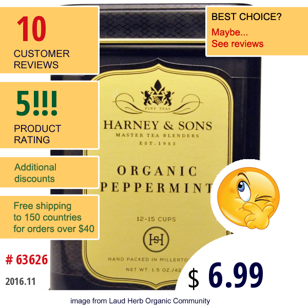 Harney & Sons, Organic Peppermint Tea, Caffeine Free, 1.5 Oz (42 G)
