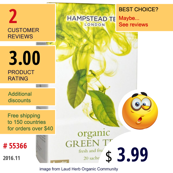 Hampstead Tea, Organic, Green Tea, 20 Sachets, 1.41 Oz (40 G)