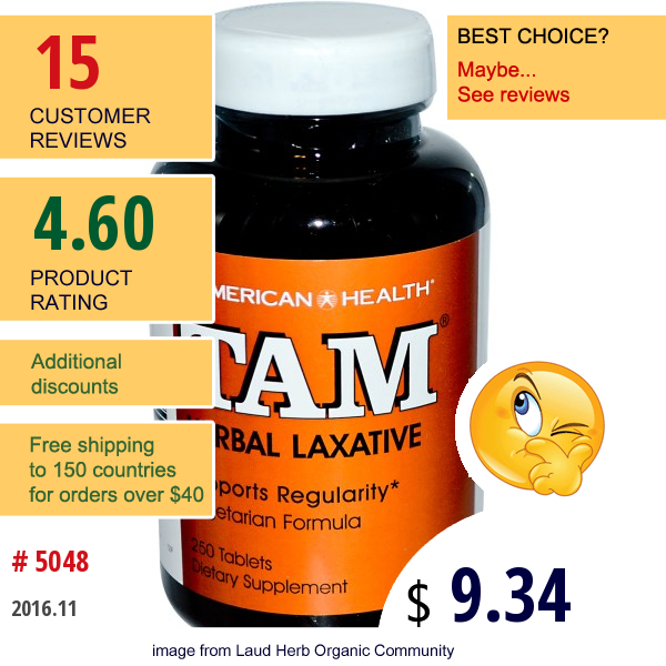 American Health, Tam, Herbal Laxative, 250 Tablets