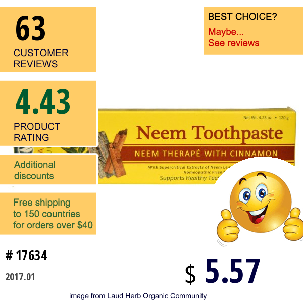 Organix South, Theraneem Naturals, Neem Toothpaste, Neem Therape With Cinnamon, 4.23 Oz (120 G)