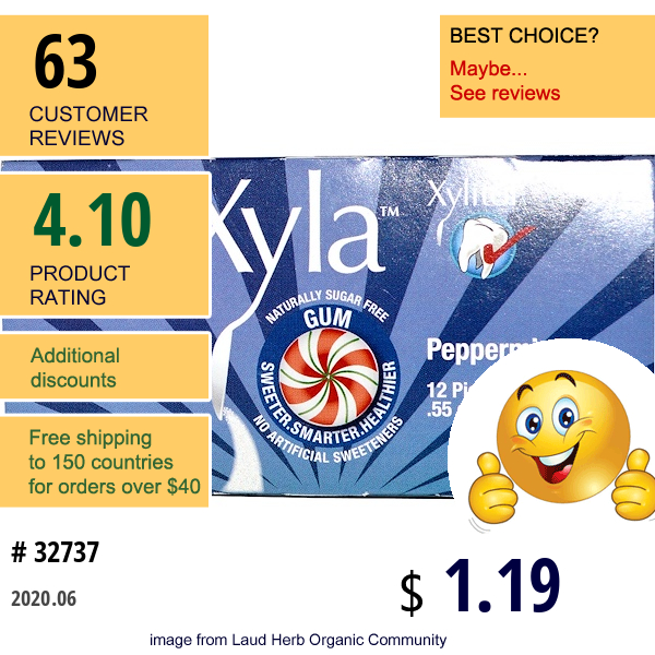 Xyla, Xyla, Naturally Sugar-Free Gum, Peppermint, 12 Pieces, .55 Oz (15.6 G)  