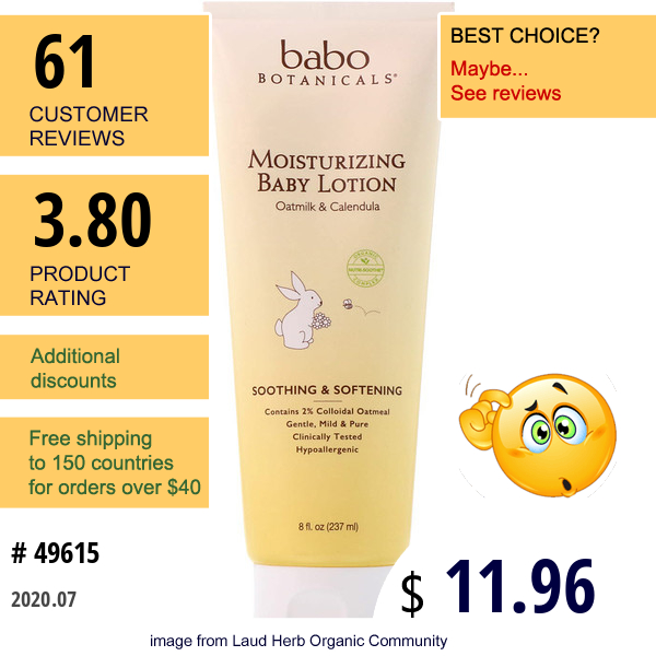 Babo Botanicals, Moisturizing Baby Lotion, Oatmilk & Calendula, 8 Fl Oz (237 Ml)