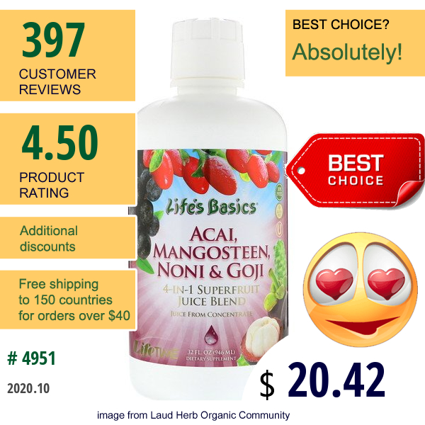 Lifetime Vitamins, Life'S Basics, 4-In-1 Superfruit Juice Blend, Acai, Mangosteen, Noni & Goji, 32 Fl Oz (946 Ml)