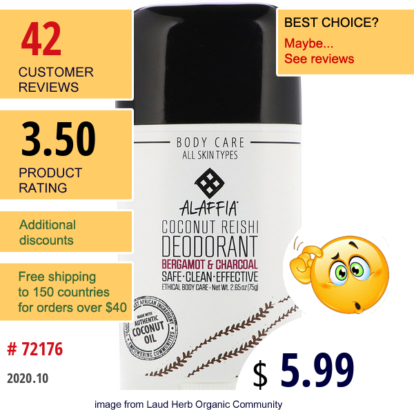Alaffia, Coconut Reishi, Deodorant, Bergamot & Charcoal, 2.65 Oz (75 G)  