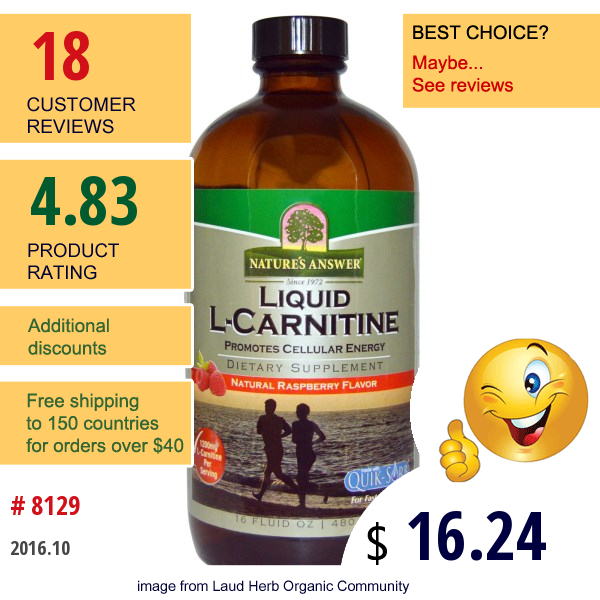 Natures Answer, Liquid L-Carnitine, Natural Raspberry Flavor, 16 Fl Oz (480 Ml)