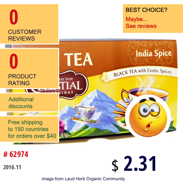 Celestial Seasonings, Chai Tea, India Spice, 20 Tea Bags, 2.2 Oz (61 G)  