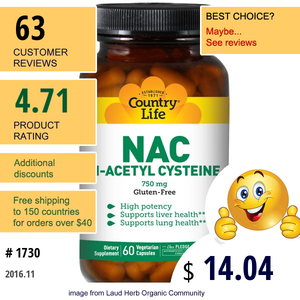 Country Life, Nac, N-Acetyl Cysteine, 750 Mg, 60 Veggie Caps