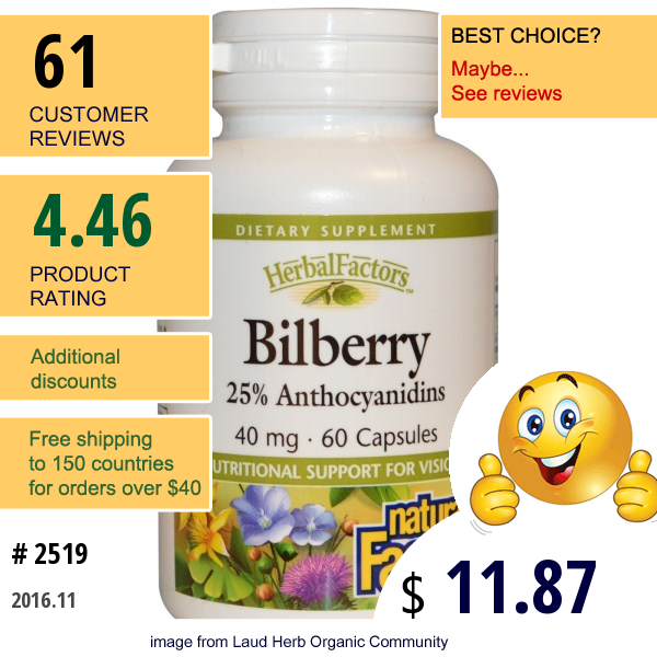 Natural Factors, Bilberry, 40 Mg, 60 Capsules