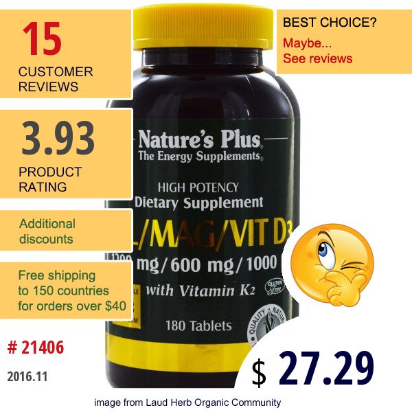 Natures Plus, Cal/mag/vit D3, With Vitamin K2, 180 Tablets