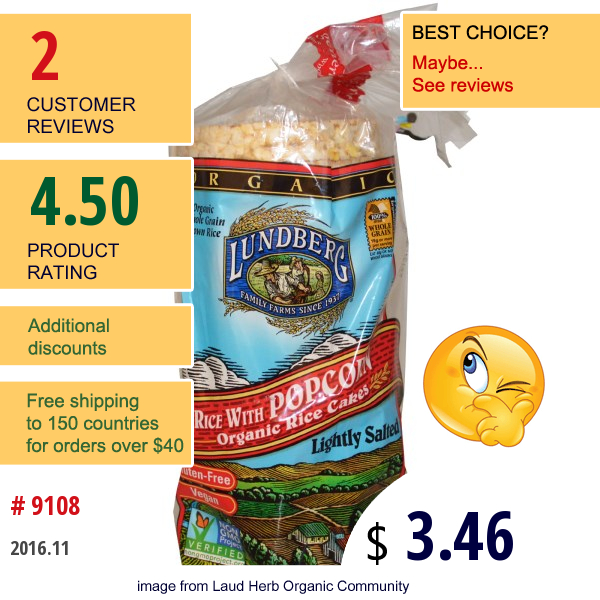 Lundberg, Rice With Popcorn, Organic Rice Cakes, Lightly Salted, 8.5 Oz (241 G)  