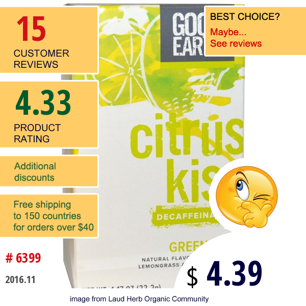 Good Earth Teas, Citrus Kiss, Decaffeinated Green Tea, Lemongrass, 18 Tea Bags, 1.17 Oz (33.2 G)