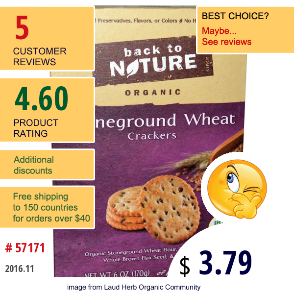Back To Nature, Organic Stoneground Wheat Crackers, 6 Oz (170 G)