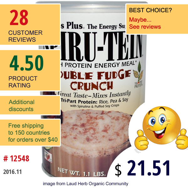 Natures Plus, Spiru-Tein, High Protein Energy Meal, Double Fudge Crunch, 1.1 Lbs (495 G)