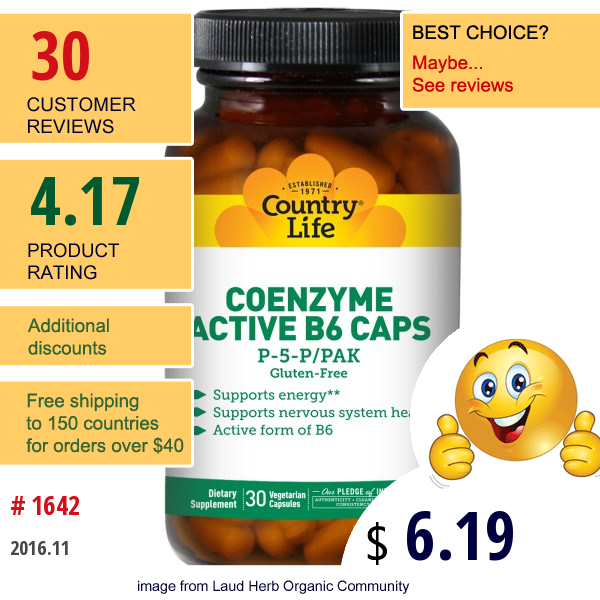 Country Life, Coenzyme Active B6 Caps, P-5-P/pak, 30 Veggie Caps
