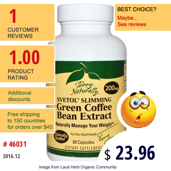 Europharma, Terry Naturally, Svetol Slimming Green Coffee Bean Extract, 200 Mg, 60 Capsules  