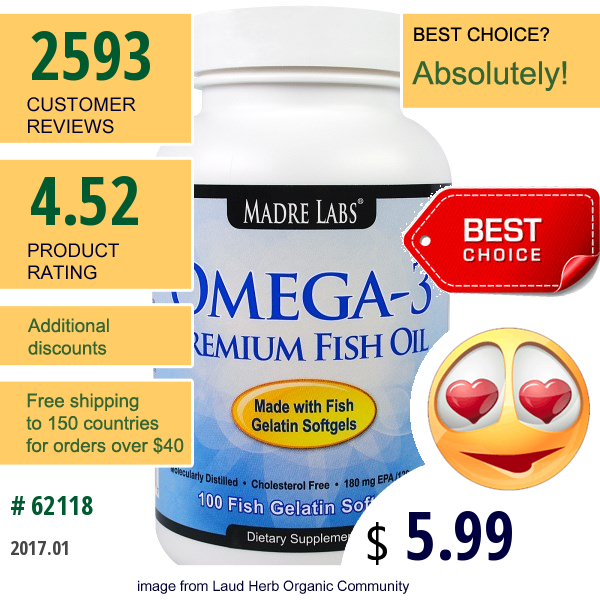 Madre Labs, Omega-3 Premium Fish Oil, No Gmos, No Gluten, 2000 Mg, 100 Fish Gelatin Softgels