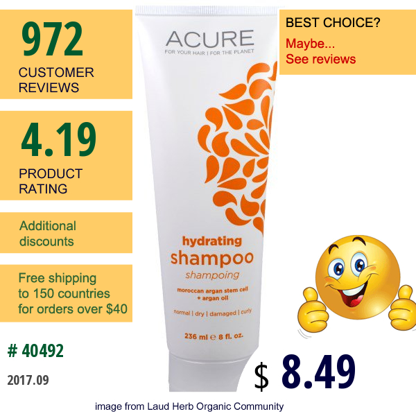 Acure Organics, Hydrating Shampoo, Moroccan Argan Stem Cell + Argan Oil, 8 Fl Oz (236 Ml)