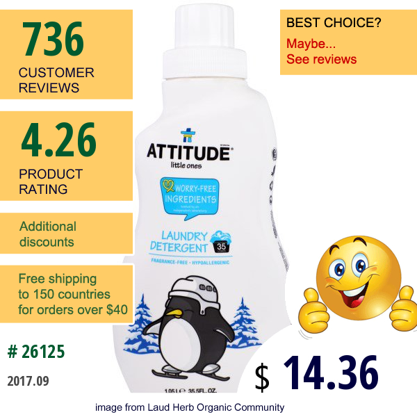 Attitude, Little Ones, Laundry Detergent, Fragrance-Free, 35.5 Fl Oz (1.05 L)