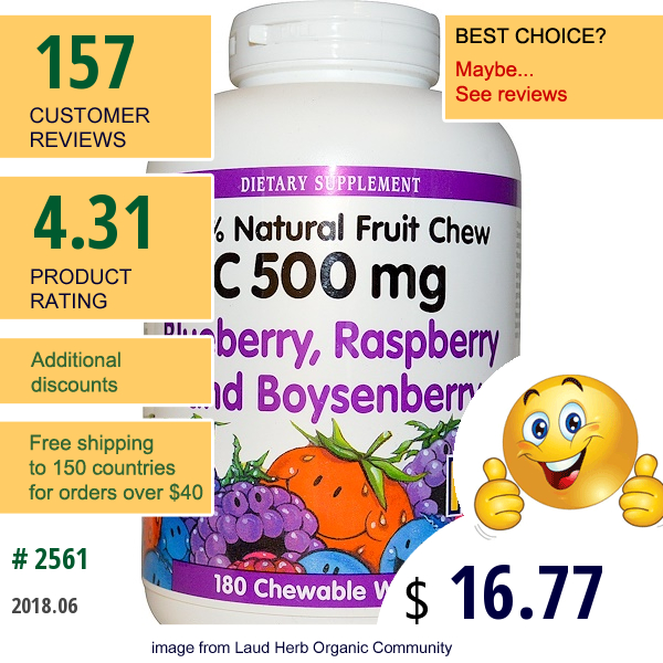 Natural Factors, C 500 Mg, Blueberry, Raspberry And Boysenberry, 180 Chewable Wafers