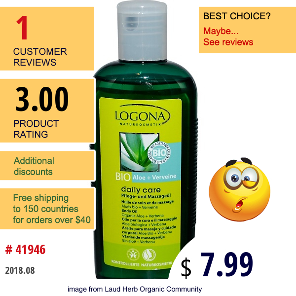 Logona Naturkosmetik, Daily Care, Body Oil, Organic Aloe + Verbena, 6.8 Fl Oz (200 Ml)  