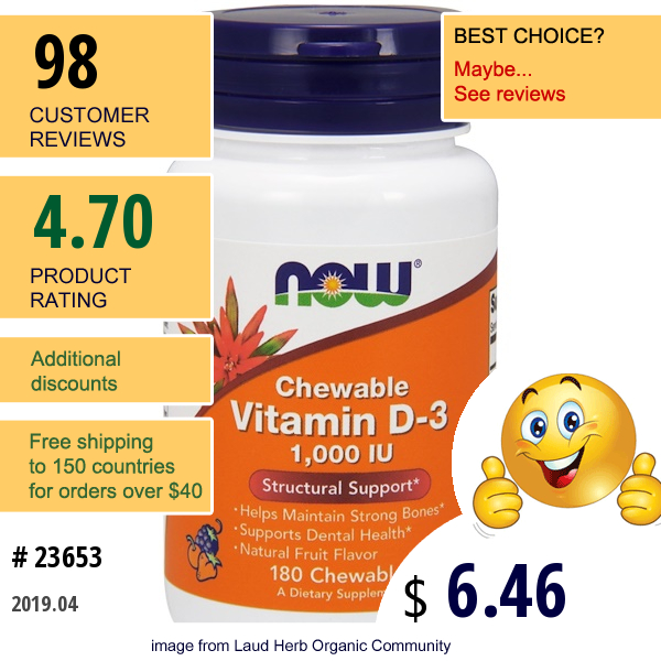 Now Foods, Chewable Vitamin D-3, Natural Fruit Flavor, 1,000 Iu, 180 Chewables