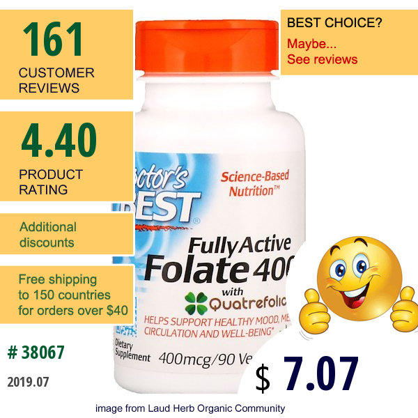 Doctors Best, Fully Active Folate 400 With Quatrefolic, 400 Mcg, 90 Veggie Caps