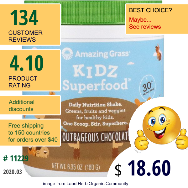 Amazing Grass, Kidz Superfood, Outrageous Chocolate, 6.35 Oz (180 G)