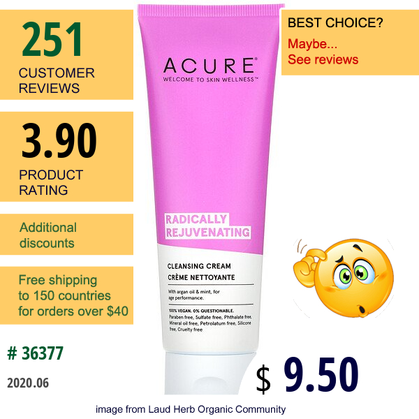 Acure, Radically Rejuvenating Cleansing Cream, 4 Fl Oz (118 Ml)
