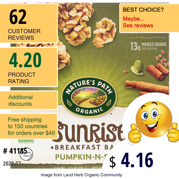 Nature'S Path, Organic, Sunrise Breakfast Bars, Pumpkin-N-Spice, 6 Bars, 1.2 Oz (35 G) Each