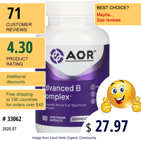 Advanced Orthomolecular Research Aor, Advanced B Complex, 90 Vegetarian Capsules