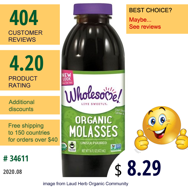 Wholesome, Organic Molasses, Unsulphured, 16 Fl Oz (472 Ml)