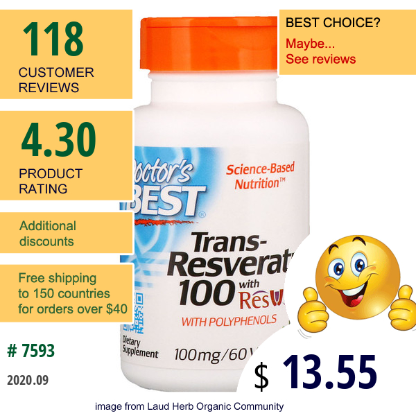 Doctor'S Best, Trans-Resveratrol With Resvinol, 100 Mg, 60 Veggie Caps