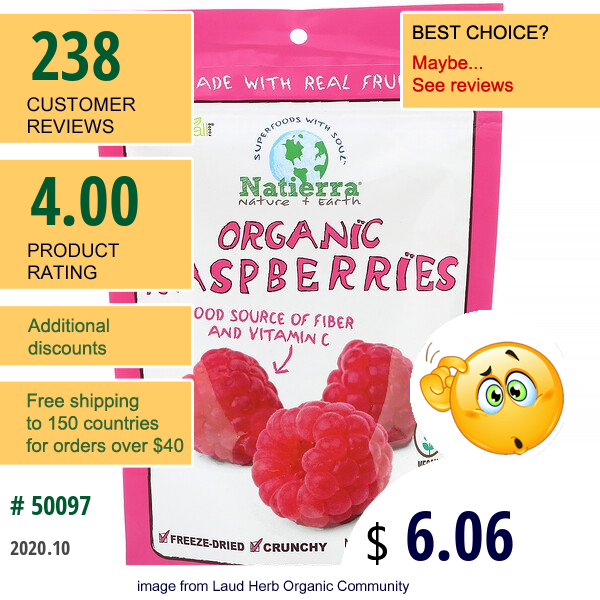 Natierra, Organic Freeze-Dried, Raspberries, 1.3 Oz (37 G)