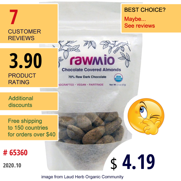 Rawmio, Chocolate Covered Almonds, 2 Oz (57 G)  